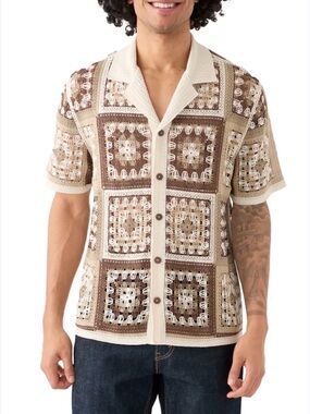 NWT Morsecode Crochet Square Pattern Short Sleeve Shirt - Brown/Cream,beach